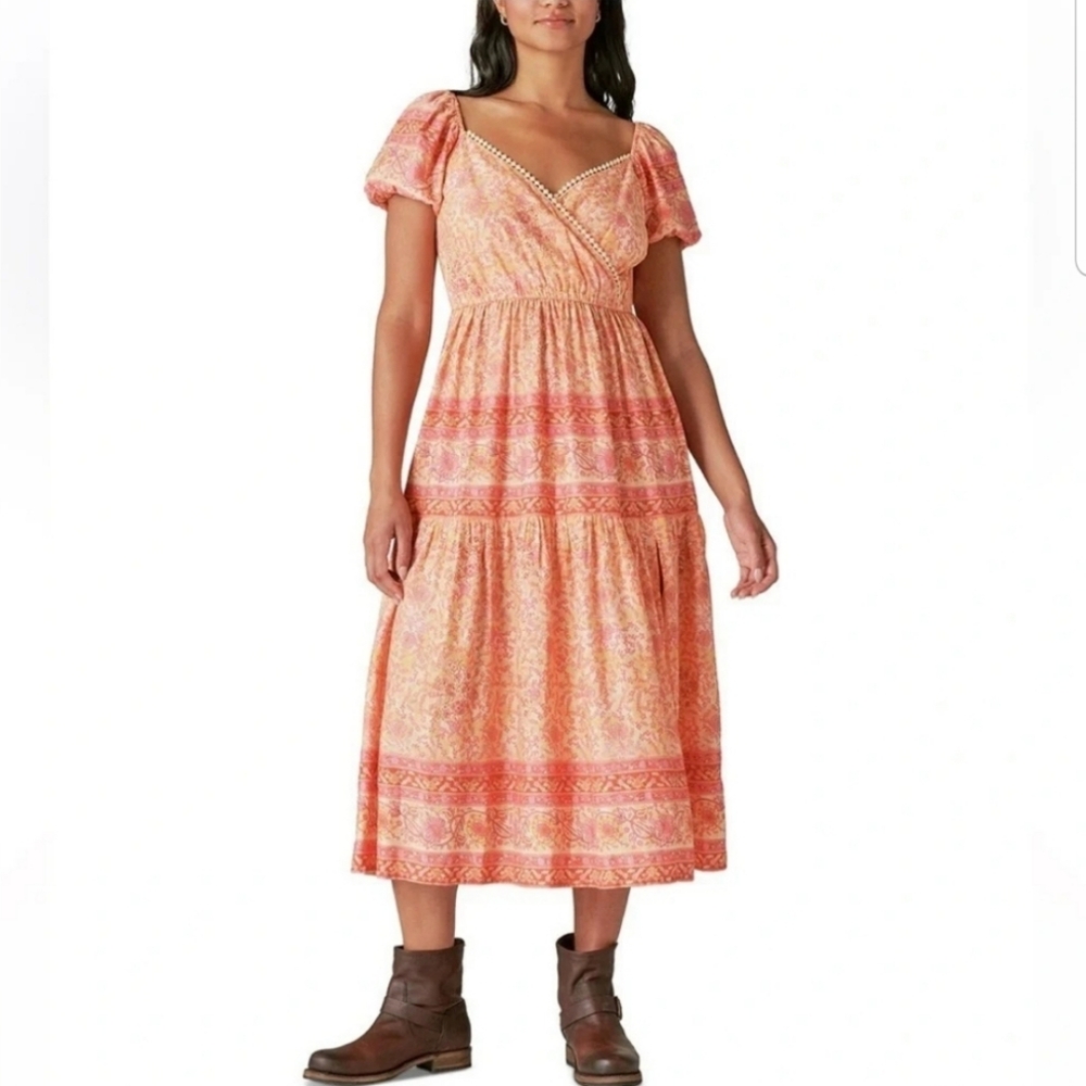 NEW Lucky Brand Orange Pink Boho Peasant Doen-Inspired Tiered Midi Dress Medium